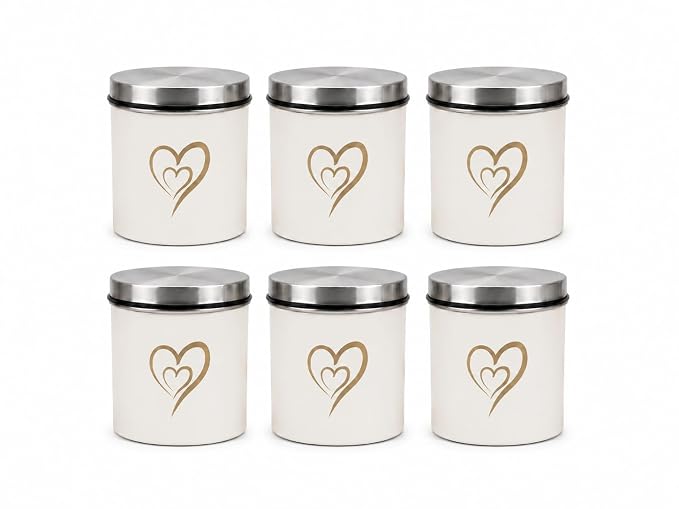 SS Heart Print Epoxy Canister Set of 6, White - 650ml x 6
