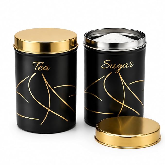 SS TeaSugar Canister Set of 2, 500 ml each - Black & Rose Gold - Mirror Finish