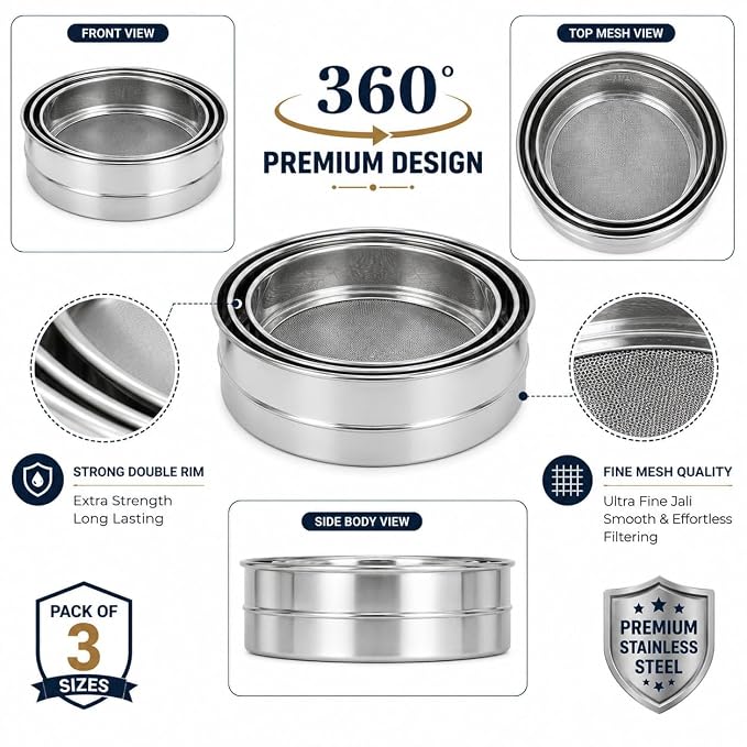 Stainless Steel Mesh Test Sieve Set – Fine Mesh Chalni with Interchangeable Screens for Flour, Soil & Powder Filtering (Rust-Resistant) Pack of 3