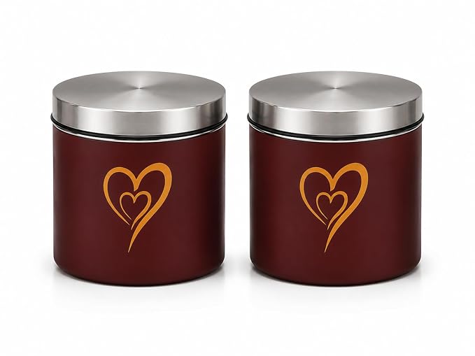 SS Heart Print Epoxy Canister Set of 2, Maroon - 650ml  x 2
