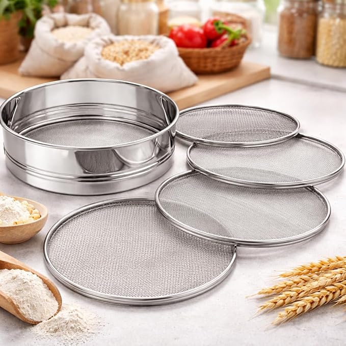 SS Mesh Test Sieve Set with Interchangeable Screens – Fine Mesh Sifter for Laboratory, Soil, Powder & Food Use (4 Mesh Sizes) 9 Inch (Pack of 1)