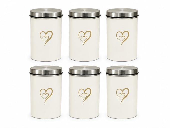SS Heart Print Epoxy Canister Set of 6, White - 850ml x 6