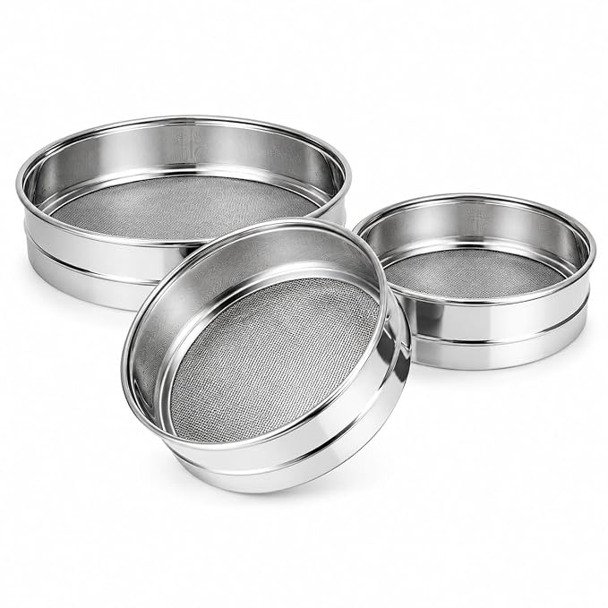 Stainless Steel Mesh Test Sieve Set – Fine Mesh Chalni with Interchangeable Screens for Flour, Soil & Powder Filtering (Rust-Resistant) Pack of 3