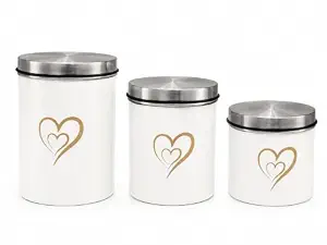 SS Heart Print Epoxy Canister Set of 3, White - 500ml, 650ml, 850ml