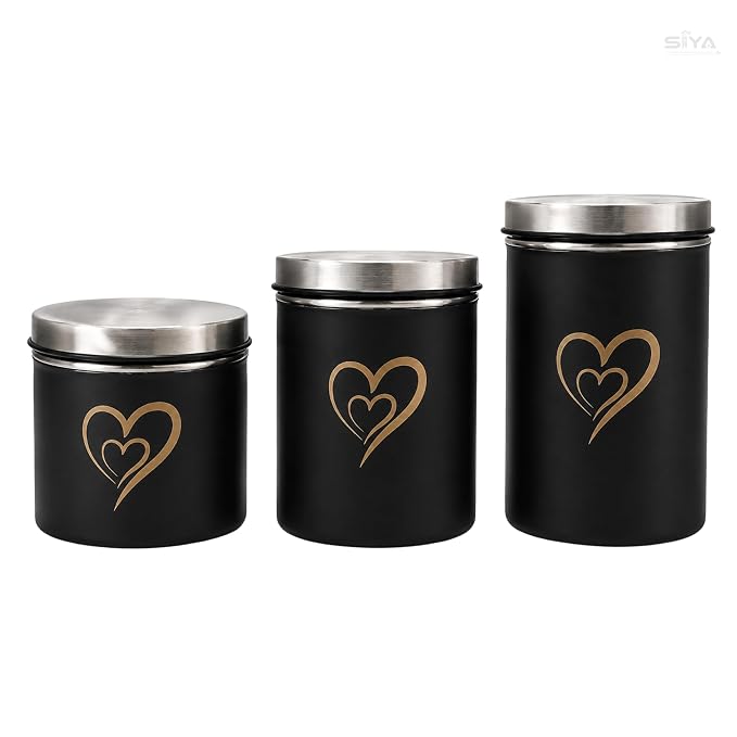 SS Heart Print Epoxy Canister Set of 3, Black - 500ml, 650ml, 850ml