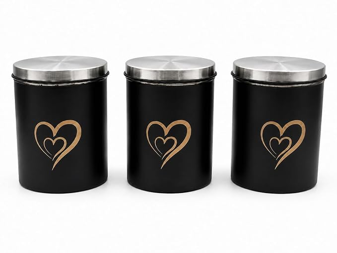 SS Heart Print Epoxy Canister Set of 3, Black - 850ml x 3