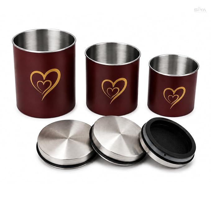 SS Heart Print Epoxy Canister Set of 3, Maroon - 500ml, 650ml, 850ml