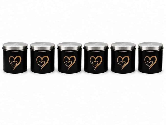 SS Heart Print Epoxy Canister Set of 6, Black - 500ml x 6