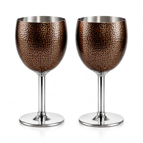 Stainless Steel Wine Glasses, Set of 2, Luxurious Hammered Design, Unbreakable Stemmed Metal Goblets, Ideal for Return and Wedding Gifts, 100% Food Grade Steel Goblet, Party Drinkware (Brown)