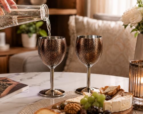 Stainless Steel Wine Glasses, Set of 2, Luxurious Hammered Design, Unbreakable Stemmed Metal Goblets, Ideal for Return and Wedding Gifts, 100% Food Grade Steel Goblet, Party Drinkware (Brown)