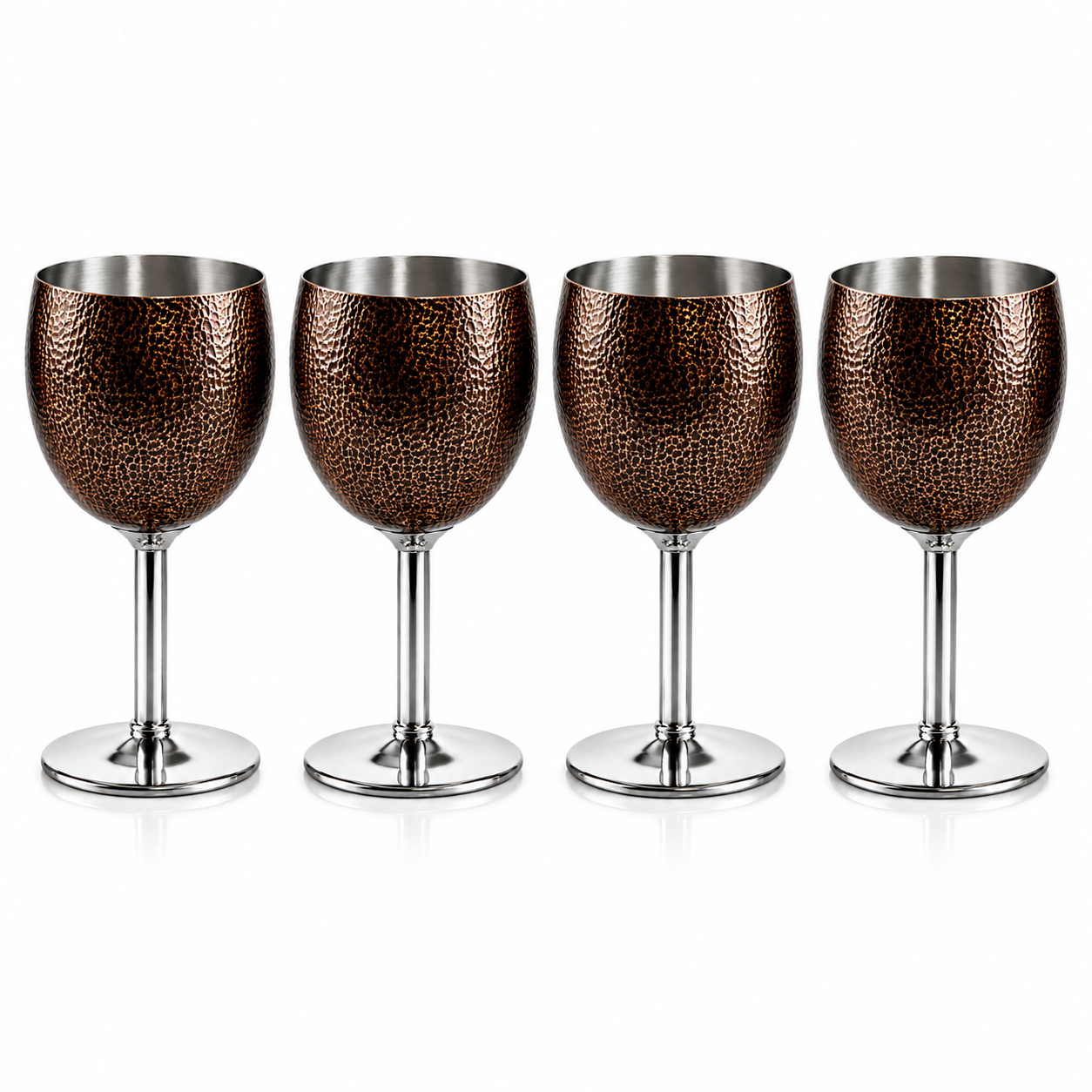 Stainless Steel Wine Glasses, Set of 4, Luxurious Hammered Design, Unbreakable Stemmed Metal Goblets, Ideal for Return and Wedding Gifts, 100% Food Grade Steel Goblet, Party Drinkware (Brown)