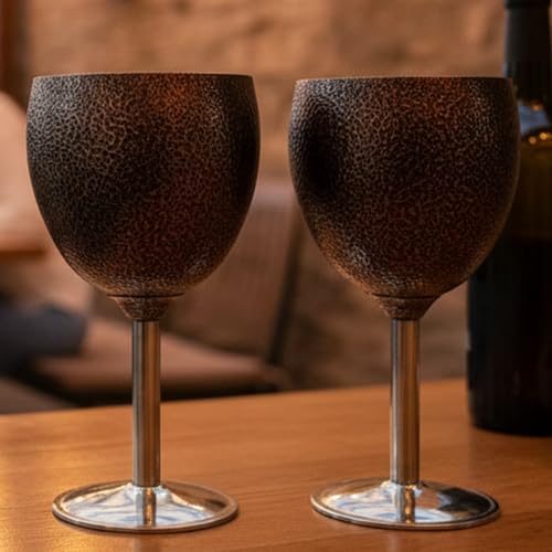 Stainless Steel Wine Glasses, Set of 4, Luxurious Hammered Design, Unbreakable Stemmed Metal Goblets, Ideal for Return and Wedding Gifts, 100% Food Grade Steel Goblet, Party Drinkware (Brown)