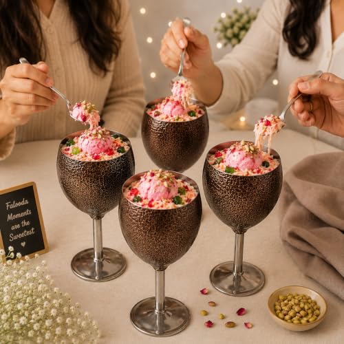 Stainless Steel Wine Glasses, Set of 4, Luxurious Hammered Design, Unbreakable Stemmed Metal Goblets, Ideal for Return and Wedding Gifts, 100% Food Grade Steel Goblet, Party Drinkware (Brown)