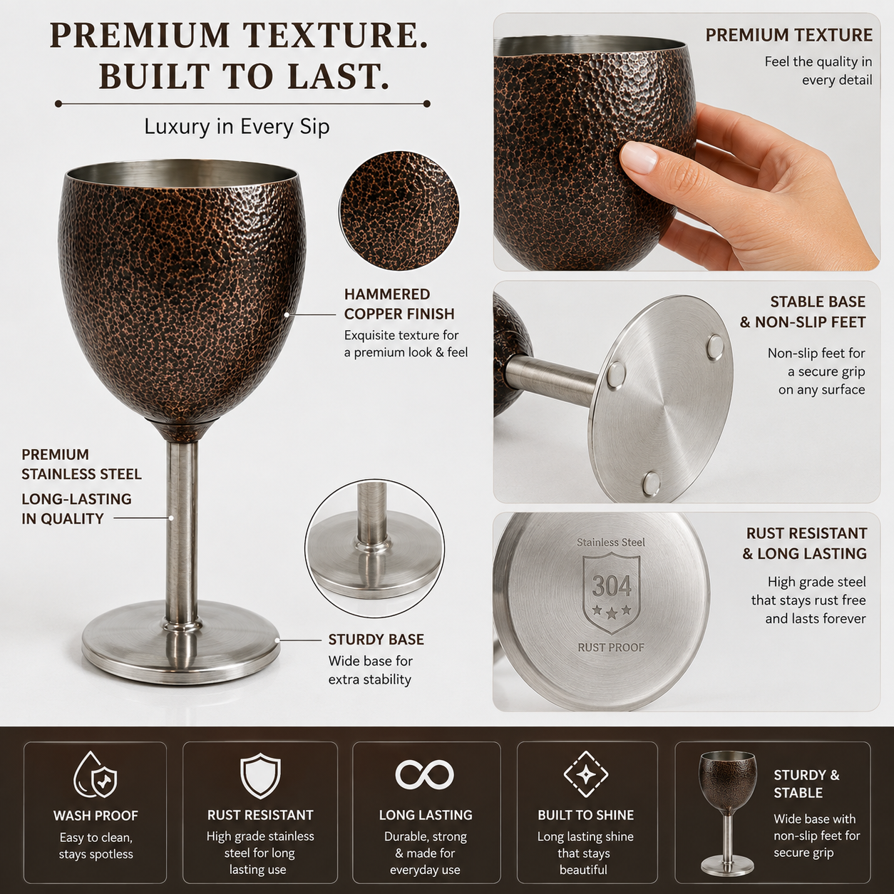 Stainless Steel Wine Glasses, Set of 4, Luxurious Hammered Design, Unbreakable Stemmed Metal Goblets, Ideal for Return and Wedding Gifts, 100% Food Grade Steel Goblet, Party Drinkware (Brown)