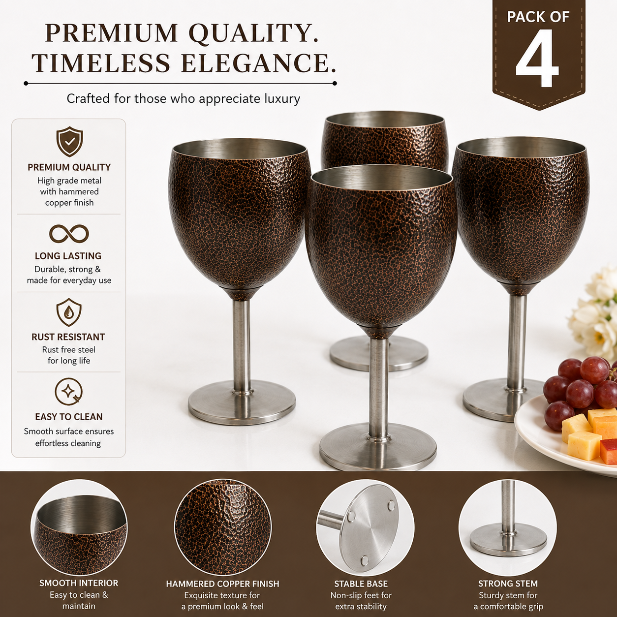 Stainless Steel Wine Glasses, Set of 4, Luxurious Hammered Design, Unbreakable Stemmed Metal Goblets, Ideal for Return and Wedding Gifts, 100% Food Grade Steel Goblet, Party Drinkware (Brown)