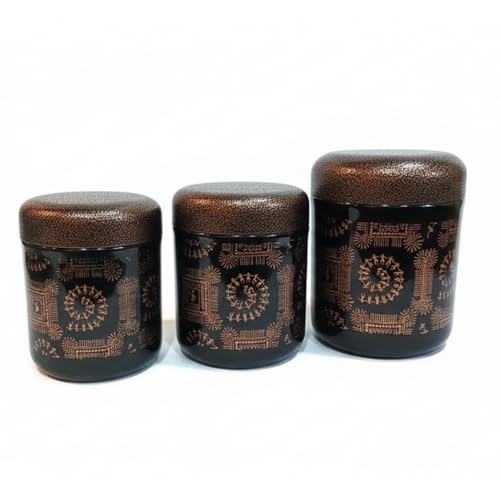 Multipurpose Stainless Steel Tea Sugar Coffee Container Set of 3, Asthetic Warli Tribal Art Print, Premium Black & Copper Finish with Textured Lids, Folk Art Print (300ml, 500ml, 700ml)