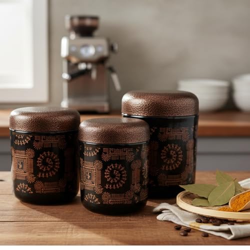 Multipurpose Stainless Steel Tea Sugar Coffee Container Set of 3, Asthetic Warli Tribal Art Print, Premium Black & Copper Finish with Textured Lids, Folk Art Print (300ml, 500ml, 700ml)