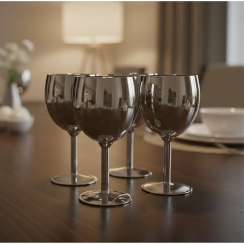 Shatterproof Stainless Steel Goblet Wine Glass Set of 8, Shatterproof, Unbreakable Drinkware for Wine & Cocktails, Return Gift, Falooda Icecream Serving Glass, Thick and Sturdy (250ml Each) (Silver)