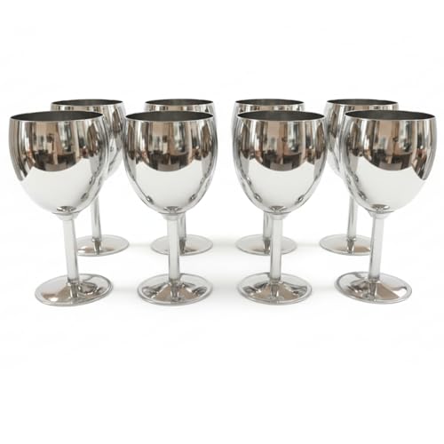 Shatterproof Stainless Steel Goblet Wine Glass Set of 8, Shatterproof, Unbreakable Drinkware for Wine & Cocktails, Return Gift, Falooda Icecream Serving Glass, Thick and Sturdy (250ml Each) (Silver)