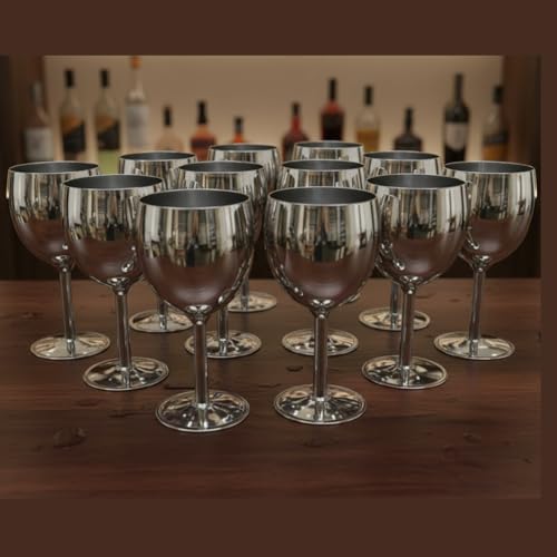 Shatterproof Stainless Steel Goblet Wine Glass Set of 12, Shatterproof, Unbreakable Drinkware for Wine & Cocktails, Return Gift, Falooda Icecream Serving Glass, Thick and Sturdy (250ml Each) (Silver)