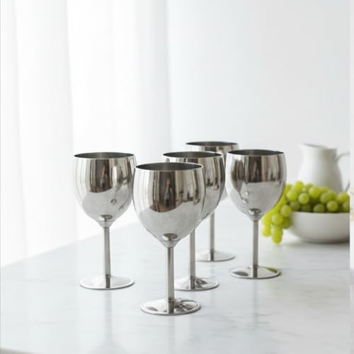 Shatterproof Stainless Steel Goblet Wine Glass Set of 4, Shatterproof, Unbreakable Drinkware for Wine & Cocktails, Return Gift, Falooda Icecream Serving Glass, Thick and Sturdy (250ml Each) (Silver)