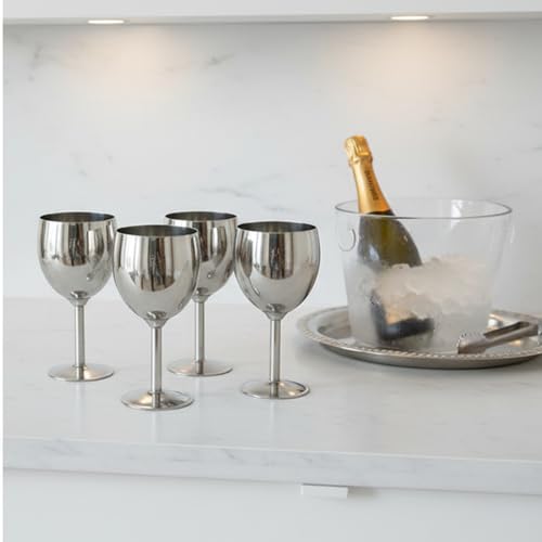 Shatterproof Stainless Steel Goblet Wine Glass Set of 4, Shatterproof, Unbreakable Drinkware for Wine & Cocktails, Return Gift, Falooda Icecream Serving Glass, Thick and Sturdy (250ml Each) (Silver)