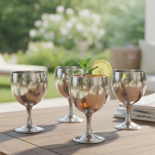 Shatterproof Stainless Steel Goblet Wine Glass Set of 4, Shatterproof, Unbreakable Drinkware for Wine & Cocktails, Return Gift, Falooda Icecream Serving Glass, Thick and Sturdy (250ml Each) (Silver)