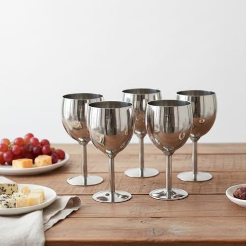 Shatterproof Stainless Steel Goblet Wine Glass Set of 6, Shatterproof, Unbreakable Drinkware for Wine & Cocktails, Return Gift, Falooda Icecream Serving Glass, Thick and Sturdy (250ml Each) (Silver)