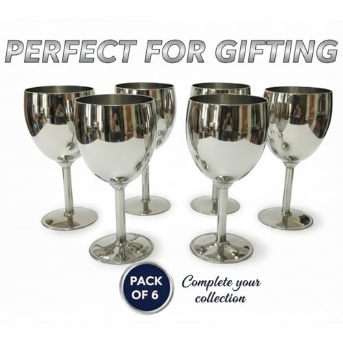 Shatterproof Stainless Steel Goblet Wine Glass Set of 6, Shatterproof, Unbreakable Drinkware for Wine & Cocktails, Return Gift, Falooda Icecream Serving Glass, Thick and Sturdy (250ml Each) (Silver)