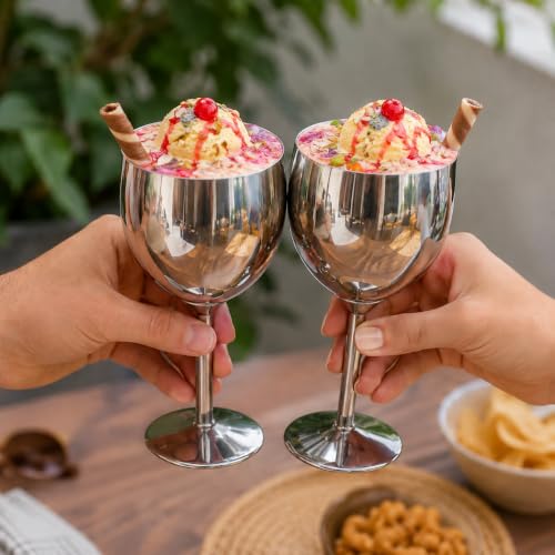 Shatterproof Stainless Steel Goblet Wine Glass Set of 6, Shatterproof, Unbreakable Drinkware for Wine & Cocktails, Return Gift, Falooda Icecream Serving Glass, Thick and Sturdy (250ml Each) (Silver)