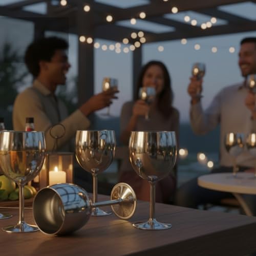 Shatterproof Stainless Steel Goblet Wine Glass Set of 6, Shatterproof, Unbreakable Drinkware for Wine & Cocktails, Return Gift, Falooda Icecream Serving Glass, Thick and Sturdy (250ml Each) (Silver)