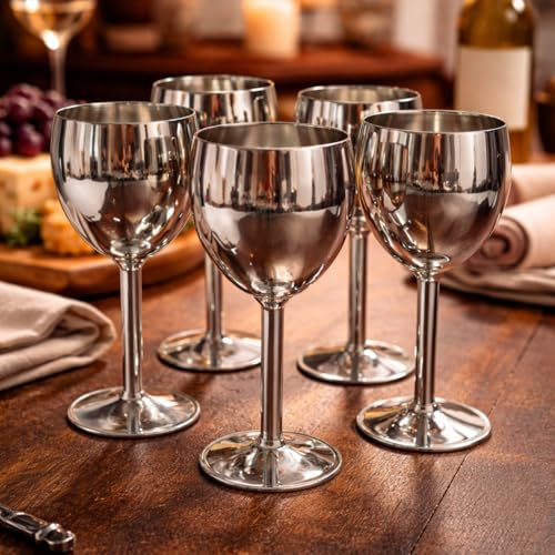 Shatterproof Stainless Steel Goblet Wine Glass Set of 6, Shatterproof, Unbreakable Drinkware for Wine & Cocktails, Return Gift, Falooda Icecream Serving Glass, Thick and Sturdy (250ml Each) (Silver)
