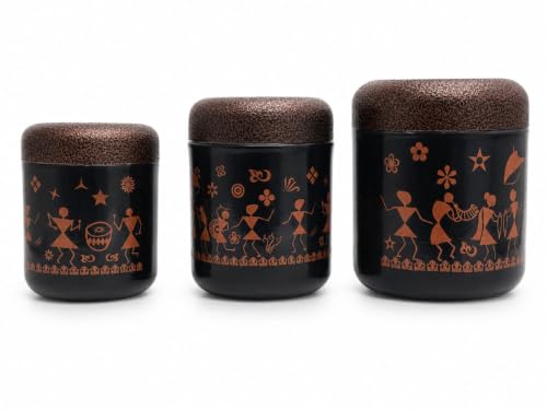 Multipurpose Stainless Steel Tea Sugar Coffee Container Set of 3, Asthetic Warli Tribal Art Print, Premium Black & Copper Finish with Textured Lids, Folk Dance Print (300ml, 500ml, 700ml)