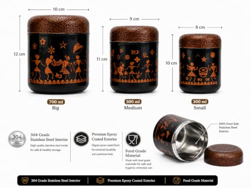 Multipurpose Stainless Steel Tea Sugar Coffee Container Set of 3, Asthetic Warli Tribal Art Print, Premium Black & Copper Finish with Textured Lids, Folk Dance Print (300ml, 500ml, 700ml)