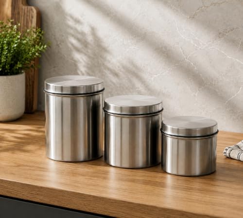 Airtight Stainless Steel Storage Canister Set of 3, Kitchen Storage Containers, Ideal for Any type of Kitchen, Longlife Kitchen Containers, (500ml, 650ml, 850ml)