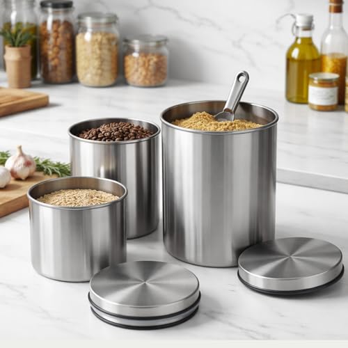 Airtight Stainless Steel Storage Canister Set of 3, Kitchen Storage Containers, Ideal for Any type of Kitchen, Longlife Kitchen Containers, (500ml, 650ml, 850ml)