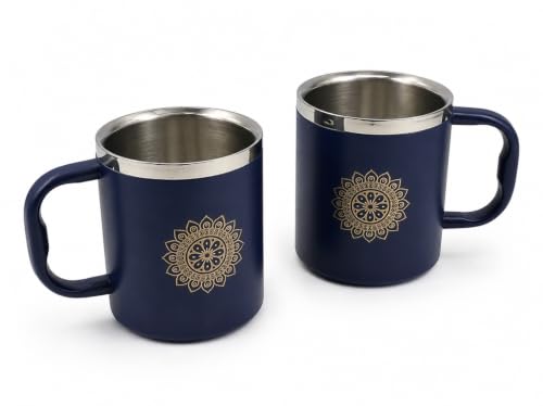 Stainless Steel Double Wall Tea Cup Set (2 Pieces), 250ml each, Durable Steel, Leak Proof Cups with Handle, Ideal for Tea, Coffee & Daily Use(Blue)