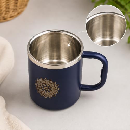 Stainless Steel Double Wall Tea Cup Set (2 Pieces), 250ml each, Durable Steel, Leak Proof Cups with Handle, Ideal for Tea, Coffee & Daily Use(Blue)