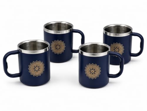 Stainless Steel Double Wall Tea Cup Set (4 Pieces), 250ml each, Durable Steel, Leak Proof Cups with Handle, Ideal for Tea, Coffee & Daily Use(Blue)