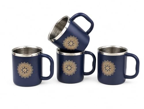 Stainless Steel Double Wall Tea Cup Set (4 Pieces), 200ml each, Durable Steel, Leak Proof Cups with Handle, Ideal for Tea, Coffee & Daily Use(Blue)