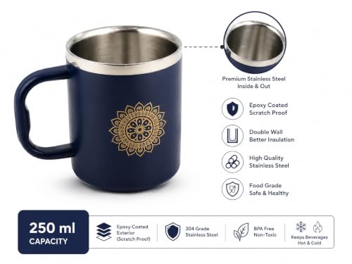 Stainless Steel Double Wall Tea Cup Set (4 Pieces), 200ml each, Durable Steel, Leak Proof Cups with Handle, Ideal for Tea, Coffee & Daily Use(Blue)