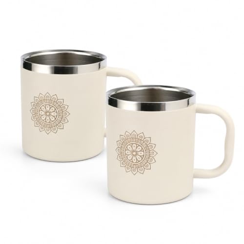 Stainless Steel Double Wall Tea Cup Set (2 Pieces), 250ml each, Durable Steel, Leak Proof Cups with Handle, Ideal for Tea, Coffee & Daily Use(Ivory)
