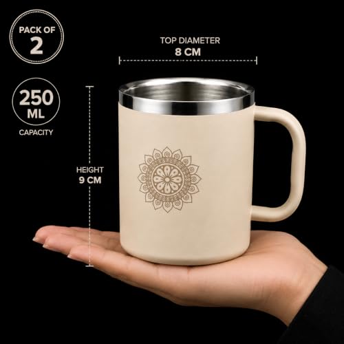 Stainless Steel Double Wall Tea Cup Set (2 Pieces), 250ml each, Durable Steel, Leak Proof Cups with Handle, Ideal for Tea, Coffee & Daily Use(Ivory)
