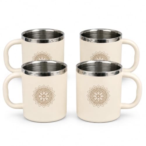 Stainless Steel Double Wall Tea Cup Set (4 Pieces), 250ml each, Durable Steel, Leak Proof Cups with Handle, Ideal for Tea, Coffee & Daily Use(Ivory)