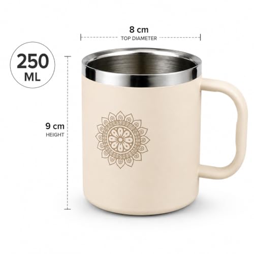 Stainless Steel Double Wall Tea Cup Set (4 Pieces), 250ml each, Durable Steel, Leak Proof Cups with Handle, Ideal for Tea, Coffee & Daily Use(Ivory)