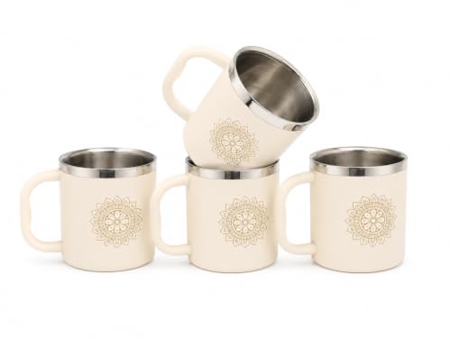 Stainless Steel Double Wall Tea Cup Set (4 Pieces), 200ml each, Durable Steel, Leak Proof Cups with Handle, Ideal for Tea, Coffee & Daily Use(Ivory)