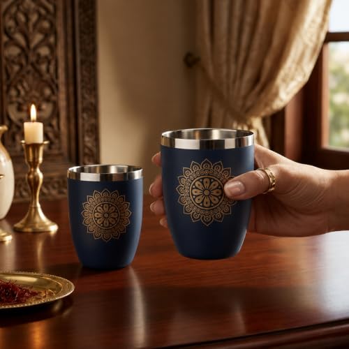 Stainless Steel Glass Set Blue (250ml x6pcs) Premium Scratch Proof, Mandala Chakra Printed Glass Set, Steel Glass Set, Ideal for Hot & Cold Drink, Anniversary & Wedding Gift, Housewarming Gift (Blue)