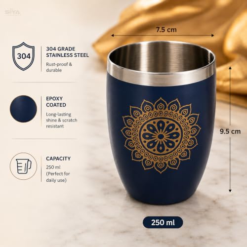 Stainless Steel Glass Set Blue (250ml x6pcs) Premium Scratch Proof, Mandala Chakra Printed Glass Set, Steel Glass Set, Ideal for Hot & Cold Drink, Anniversary & Wedding Gift, Housewarming Gift (Blue)
