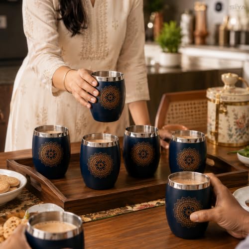 Stainless Steel Glass Set Blue (250ml x6pcs) Premium Scratch Proof, Mandala Chakra Printed Glass Set, Steel Glass Set, Ideal for Hot & Cold Drink, Anniversary & Wedding Gift, Housewarming Gift (Blue)