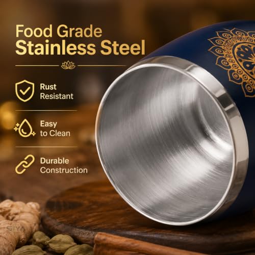 Stainless Steel Glass Set Blue (250ml x6pcs) Premium Scratch Proof, Mandala Chakra Printed Glass Set, Steel Glass Set, Ideal for Hot & Cold Drink, Anniversary & Wedding Gift, Housewarming Gift (Blue)